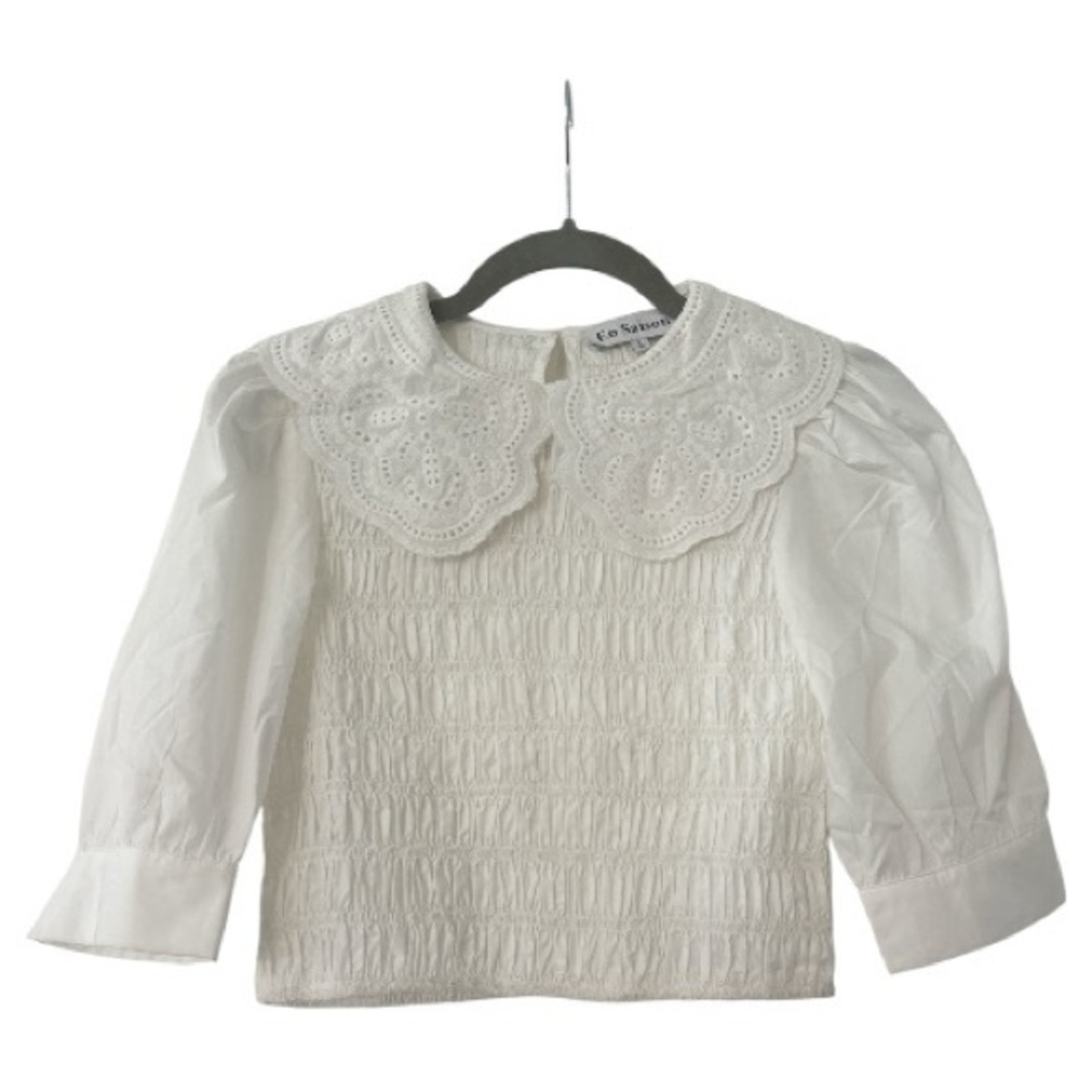 En Saison Peter Pan Collar Smocked Cotton Jacquard Crop Top in White Size Small